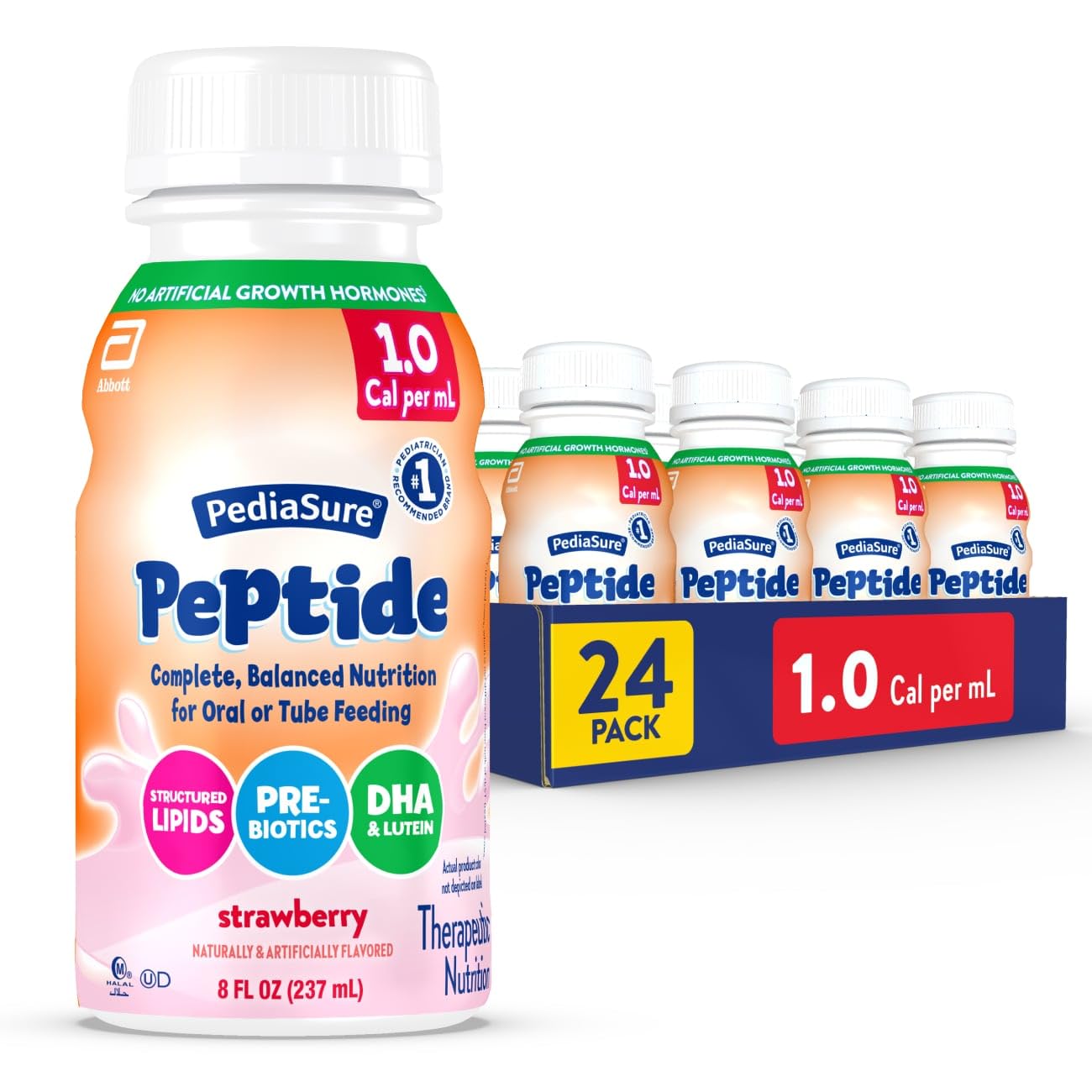 PediaSure Peptide 1.0 Cal, Peptide-Based Formula, Sole-Source Nutrition Drink for Tube Feeding or Oral Nutrition, Vanilla, 8-fl-oz Bottle, Pack of 24