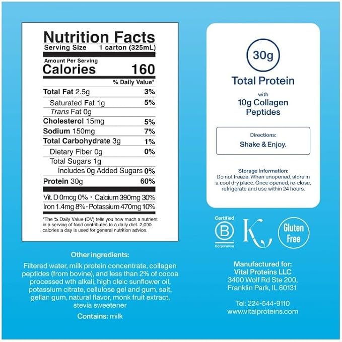Vital Proteins Collagen Protein Shake, Chocolate, 18 pack.