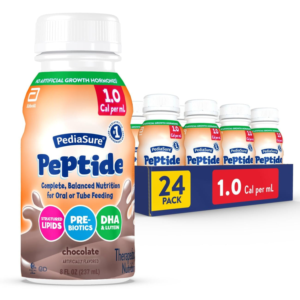 PediaSure Peptide 1.0 Cal, Peptide-Based Formula, Sole-Source Nutrition Drink for Tube Feeding or Oral Nutrition, Vanilla, 8-fl-oz Bottle, Pack of 24
