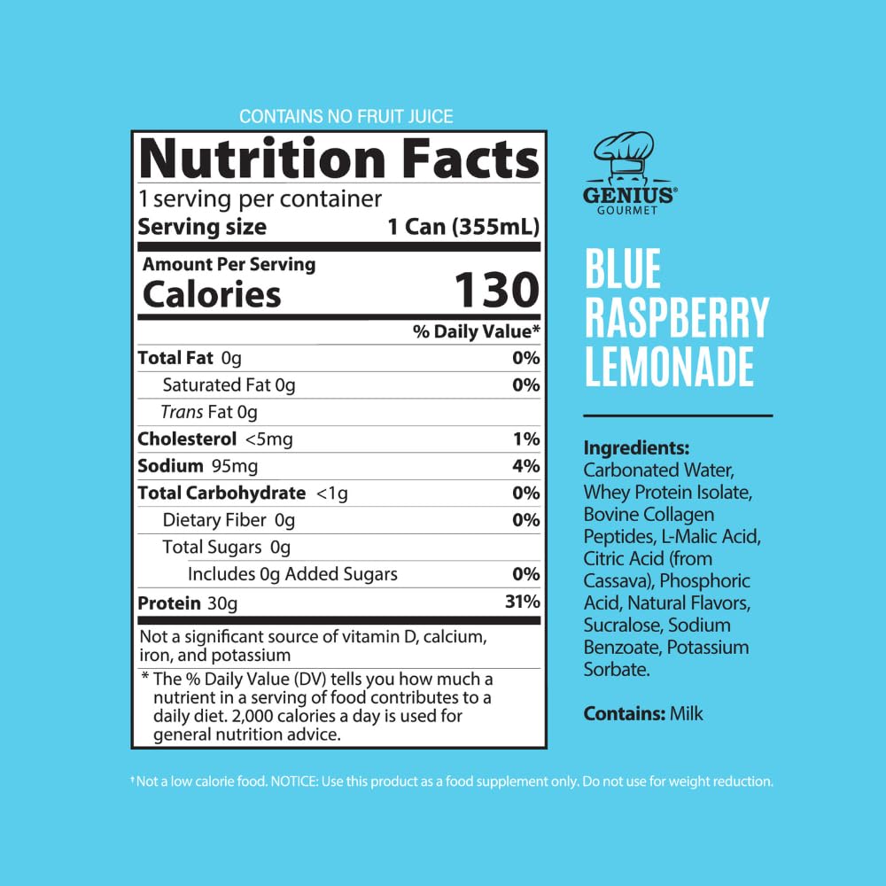 Genius Gourmet Clear Protein Sparkling Water Blue Raspberry Lemonade, 18 CT