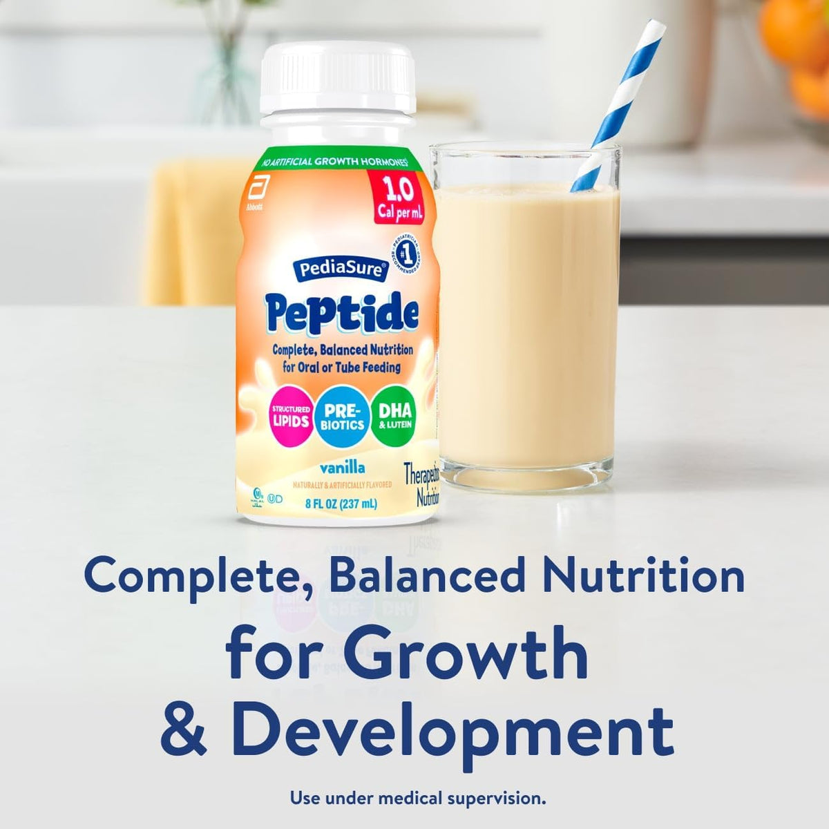 PediaSure Peptide 1.0 Cal, Peptide-Based Formula, Sole-Source Nutrition Drink for Tube Feeding or Oral Nutrition, Vanilla, 8-fl-oz Bottle, Pack of 24