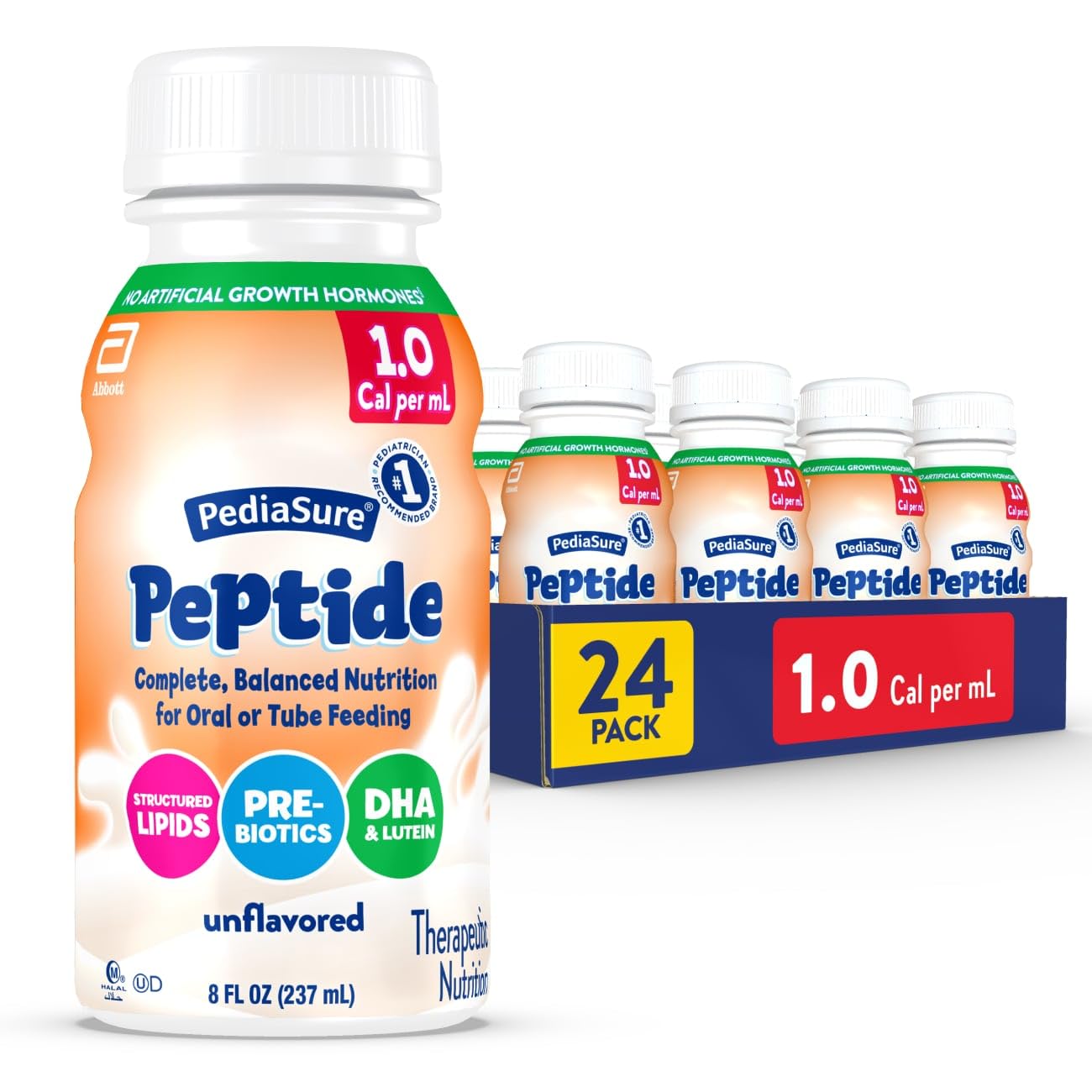 PediaSure Peptide 1.0 Cal, Peptide-Based Formula, Sole-Source Nutrition Drink for Tube Feeding or Oral Nutrition, Vanilla, 8-fl-oz Bottle, Pack of 24