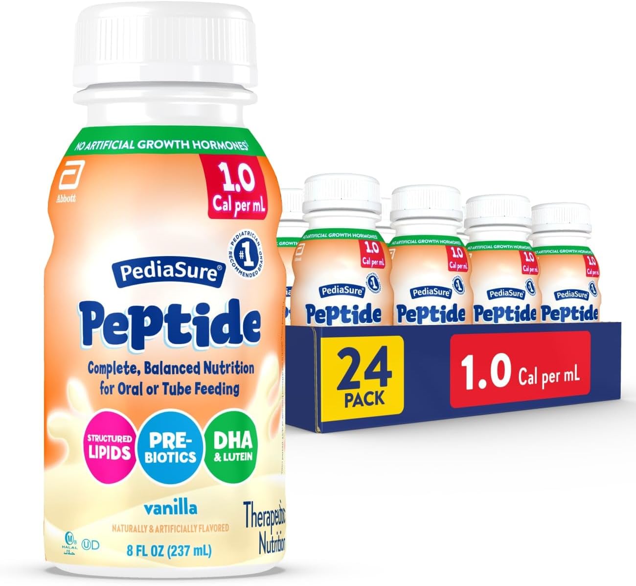 PediaSure Peptide 1.0 Cal, Peptide-Based Formula, Sole-Source Nutrition Drink for Tube Feeding or Oral Nutrition, Vanilla, 8-fl-oz Bottle, Pack of 24