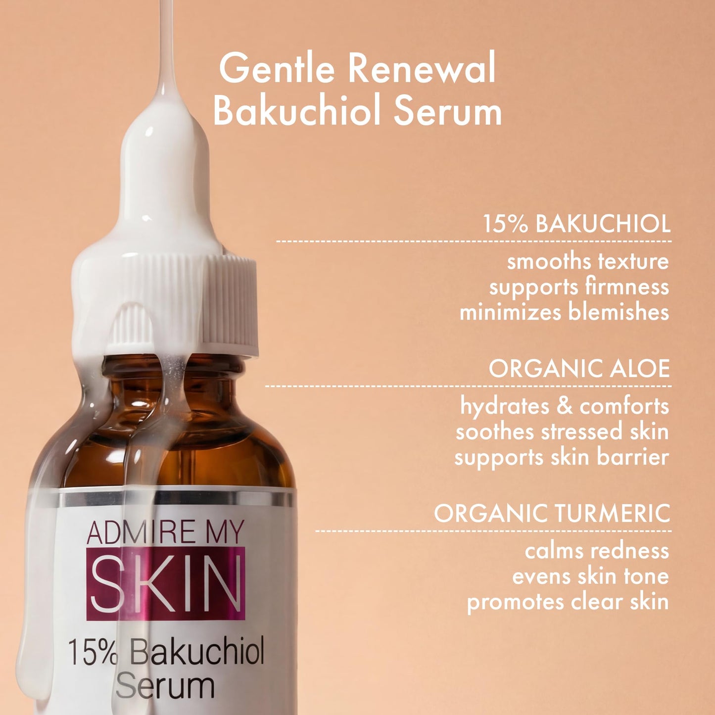 Admire My Skin Bakuchiol Serum Natural Retinol Serum Alternative for Face – Anti Blemish Anti Aging Facial Serum Contains Organic Aloe + Turmeric 1oz