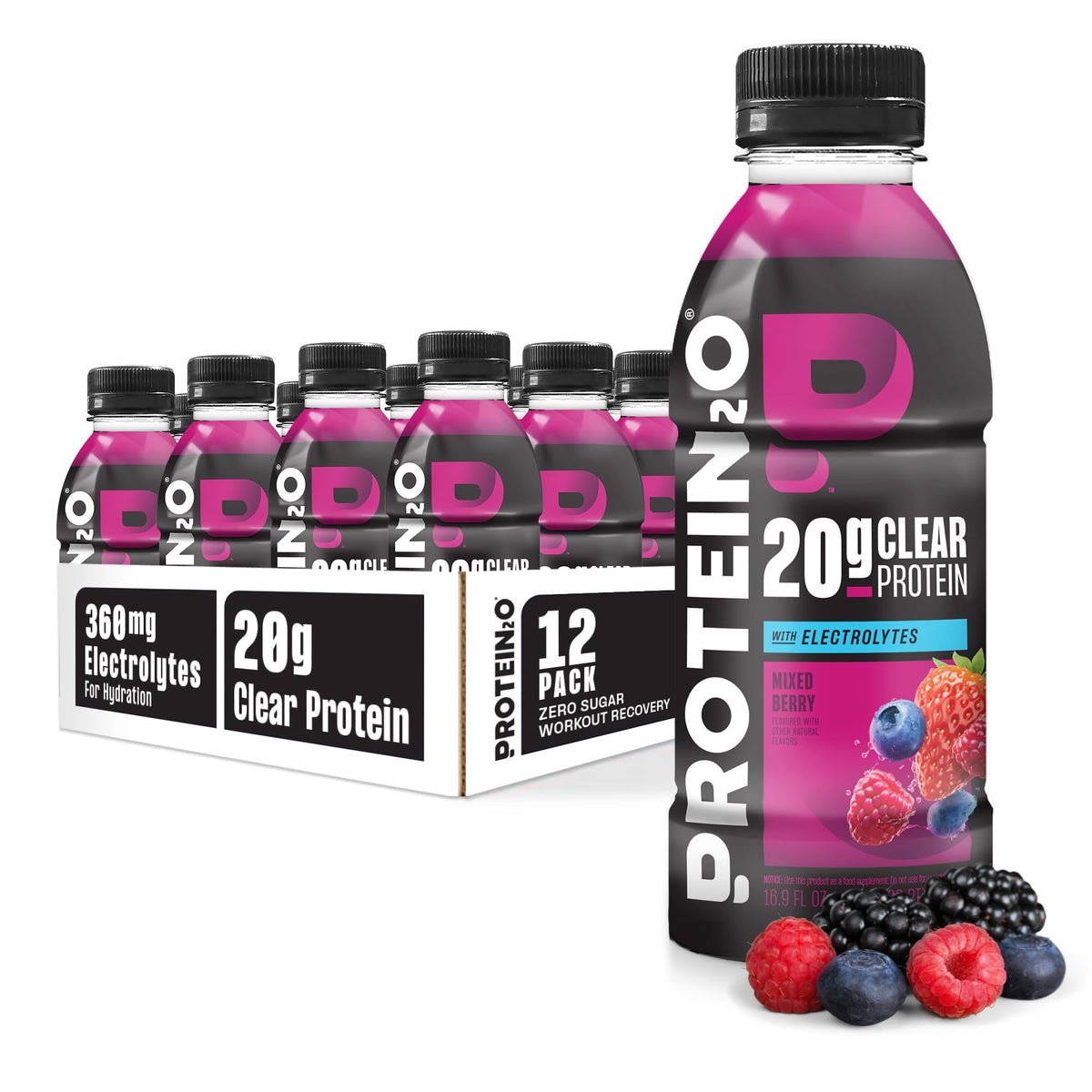 Protein2o Hydration Drink - 2-in-1 Liquid Clear Whey Protein Isolate and Electrolyte Drink - 20g Protein, Vitamins B5, B6 - Post-Workout Recovery - 16.9 Fl Oz - 12 Count Orange Mango