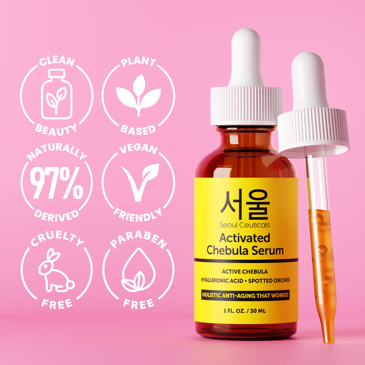SeoulCeuticals Chebula Active Serum for Face - Korean Skin Care Anti Aging Natural K Beauty Skincare With Hyaluronic Acid + Spotted Orchid for Healthy, Youthful Glowing Skin 1oz
