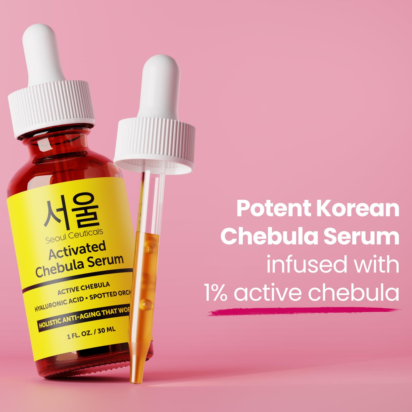 SeoulCeuticals Chebula Active Serum for Face - Korean Skin Care Anti Aging Natural K Beauty Skincare With Hyaluronic Acid + Spotted Orchid for Healthy, Youthful Glowing Skin 1oz