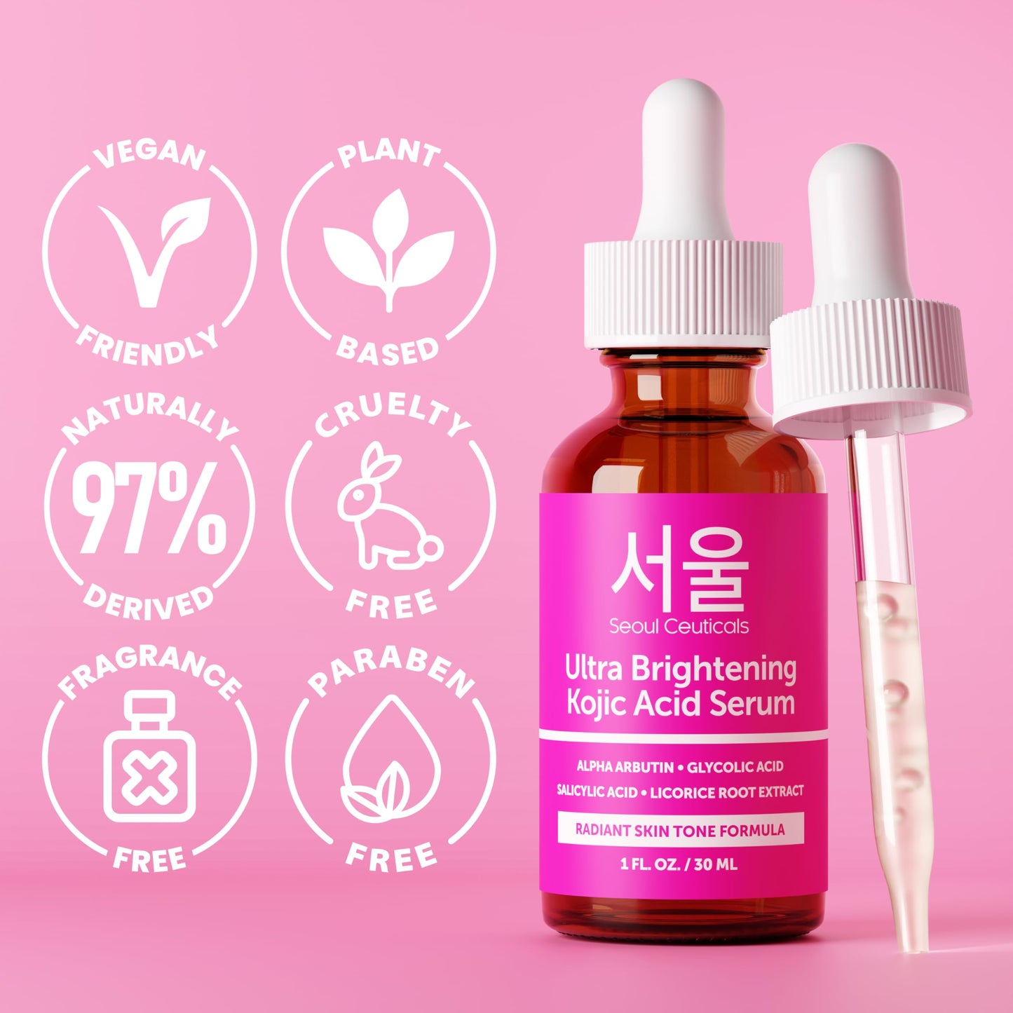 SeoulCeuticals Korean Skin Care Kojic Acid Serum Alpha Arbutin – Dark Spot Remover Corrector Glycolic Acid + Salicylic Acid K Beauty 1oz (Pack of 2)