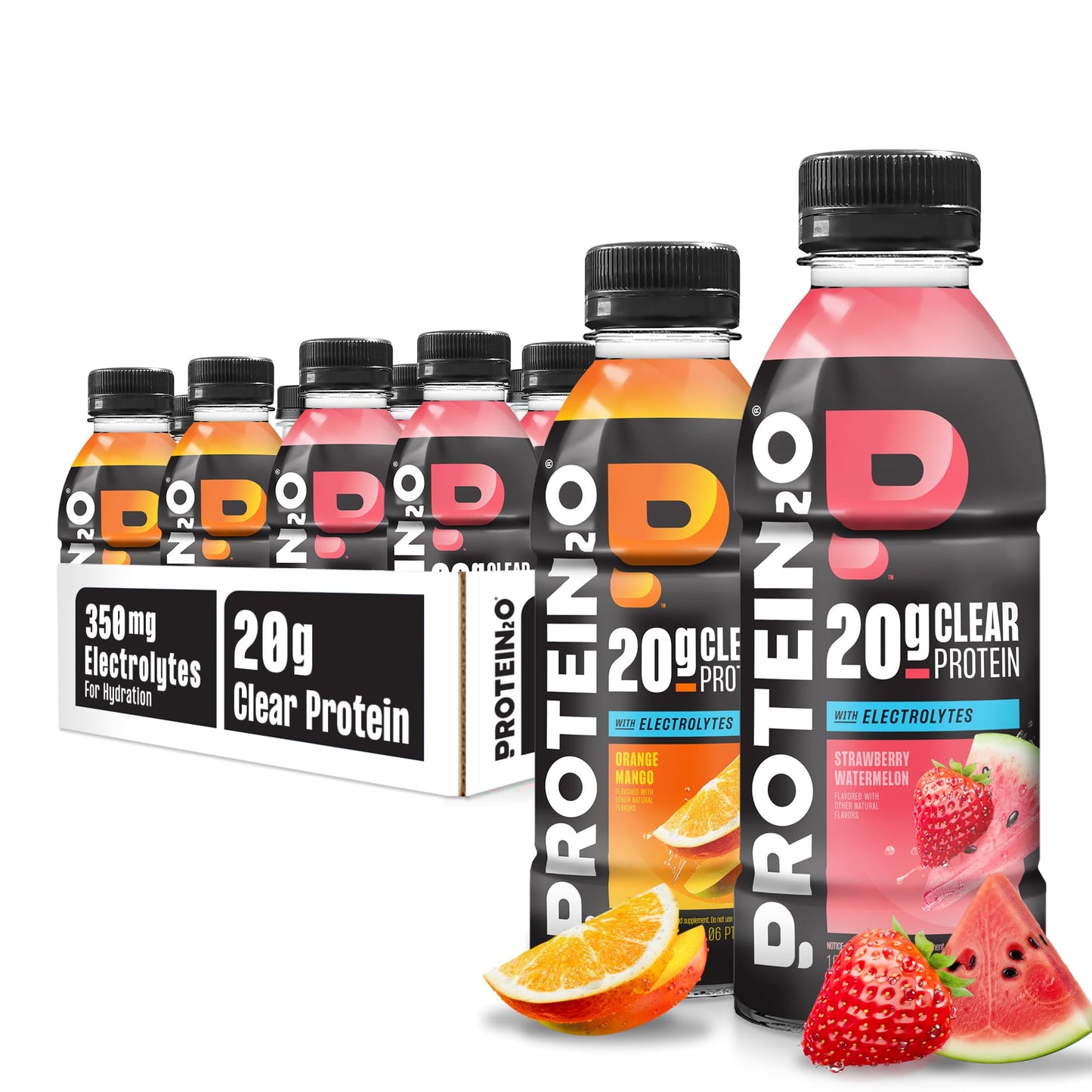 Protein2o Hydration Drink - 2-in-1 Liquid Clear Whey Protein Isolate and Electrolyte Drink - 20g Protein, Vitamins B5, B6 - Post-Workout Recovery - 16.9 Fl Oz - 12 Count Orange Mango