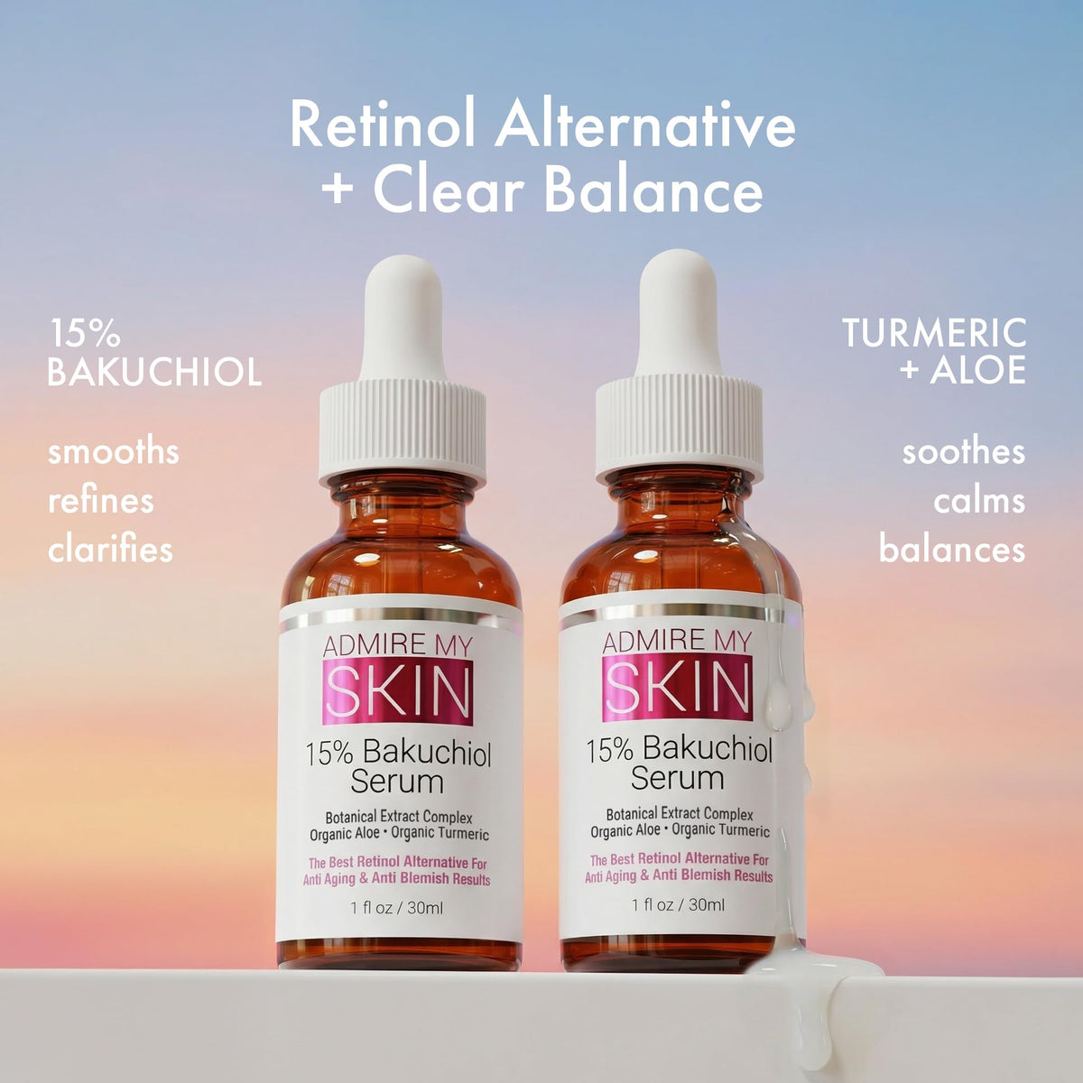 Admire My Skin Bakuchiol Serum Natural Retinol Serum Alternative for Face – Anti Blemish Anti Aging Facial Serum Contains Organic Aloe + Turmeric 1oz