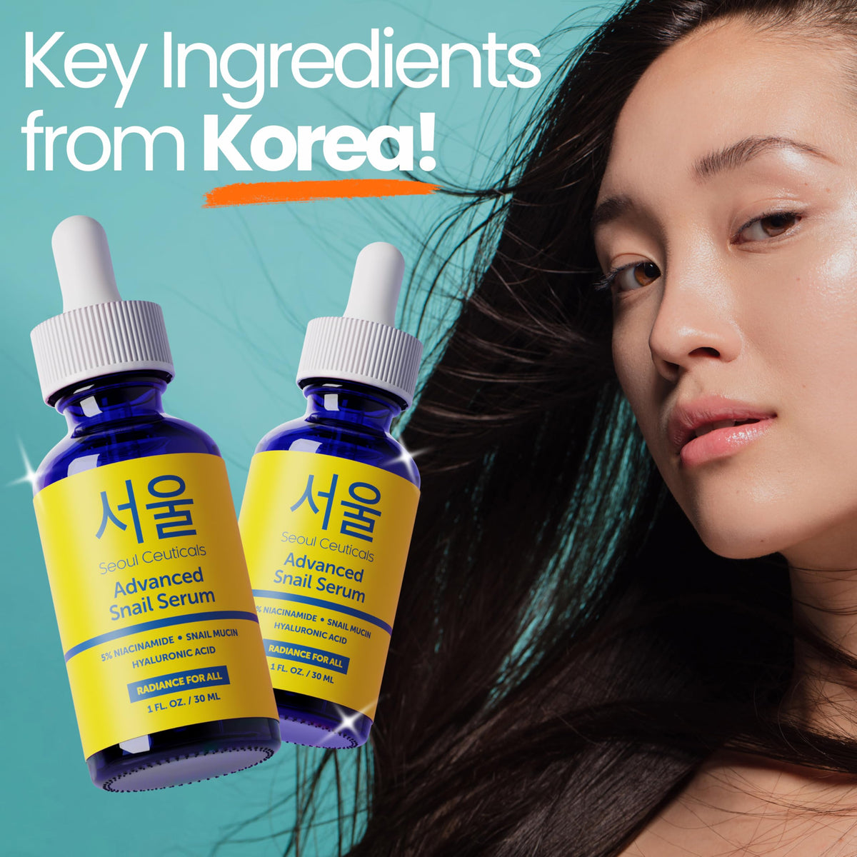 SeoulCeuticals Korean 5% Niacinamide + Snail Mucin 97.5% Essence Serum + Hyaluronic Acid, Cruelty Free Korean Skin Care, Natural & Organic Anti Aging Face Serum for Dull Skin, K Beauty 1oz