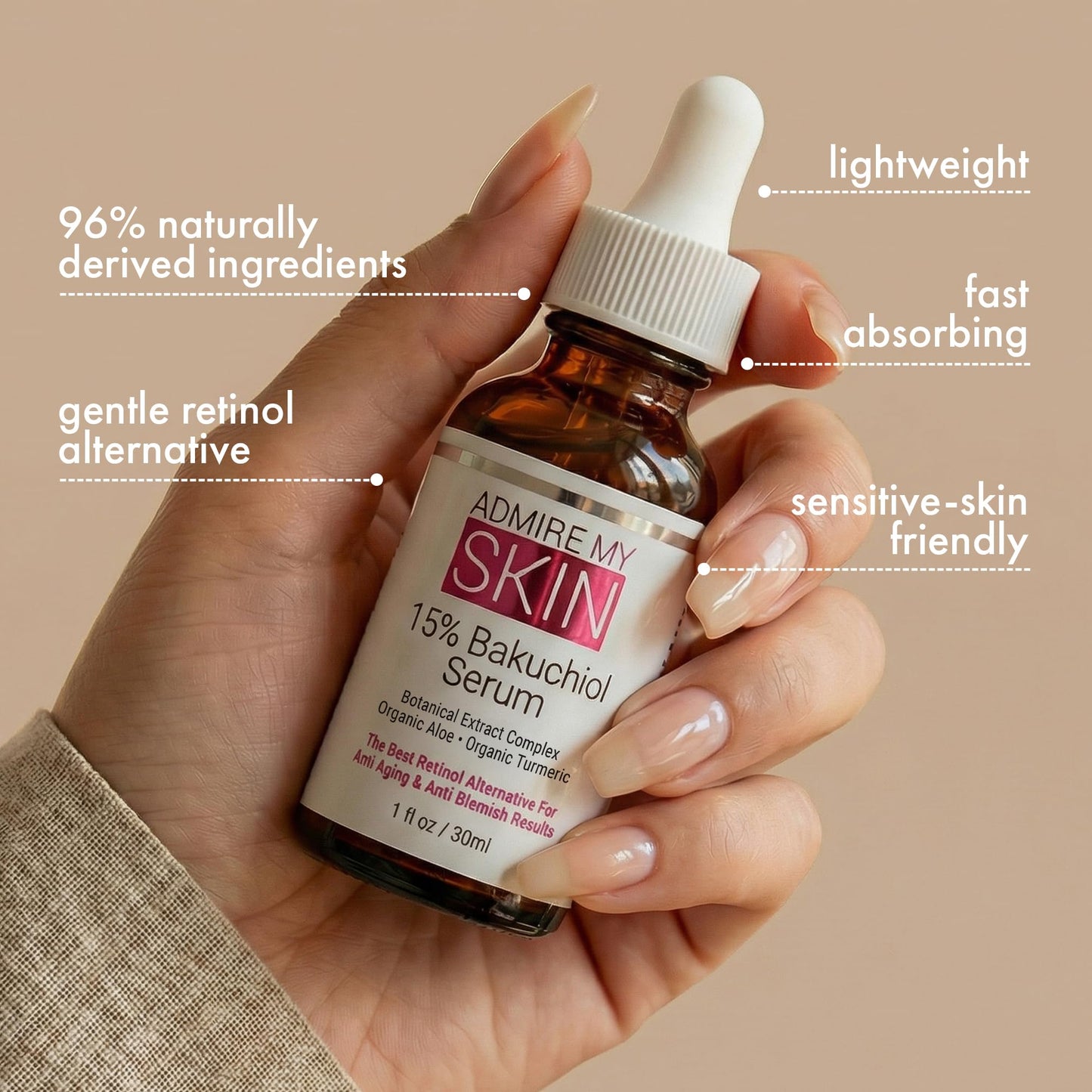 Admire My Skin Bakuchiol Serum Natural Retinol Serum Alternative for Face – Anti Blemish Anti Aging Facial Serum Contains Organic Aloe + Turmeric 1oz