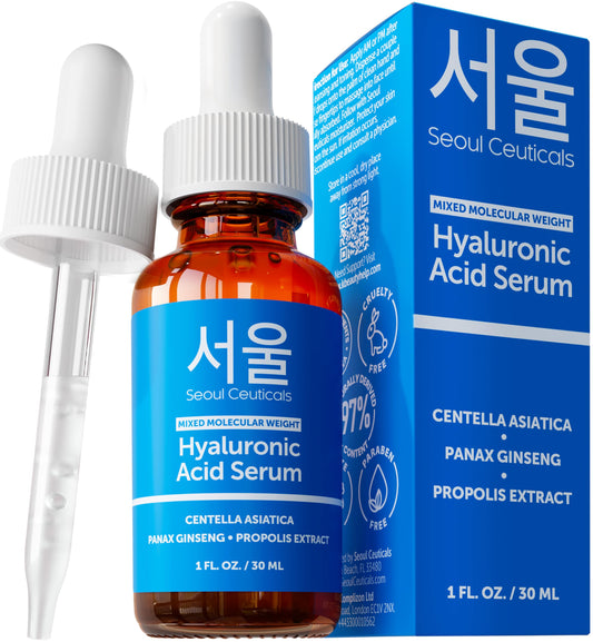 SeoulCeuticals Korean Hyaluronic Acid Serum For Face - High Molecular Weight & Low Molecular Weight Hyaluronic Acid - Centella Serum + Propolis. 1oz