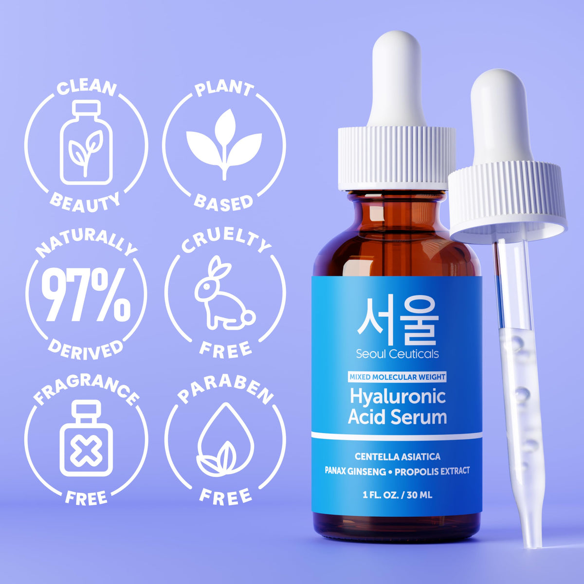SeoulCeuticals Korean Hyaluronic Acid Serum For Face - High Molecular Weight & Low Molecular Weight Hyaluronic Acid - Centella Serum + Propolis. 1oz
