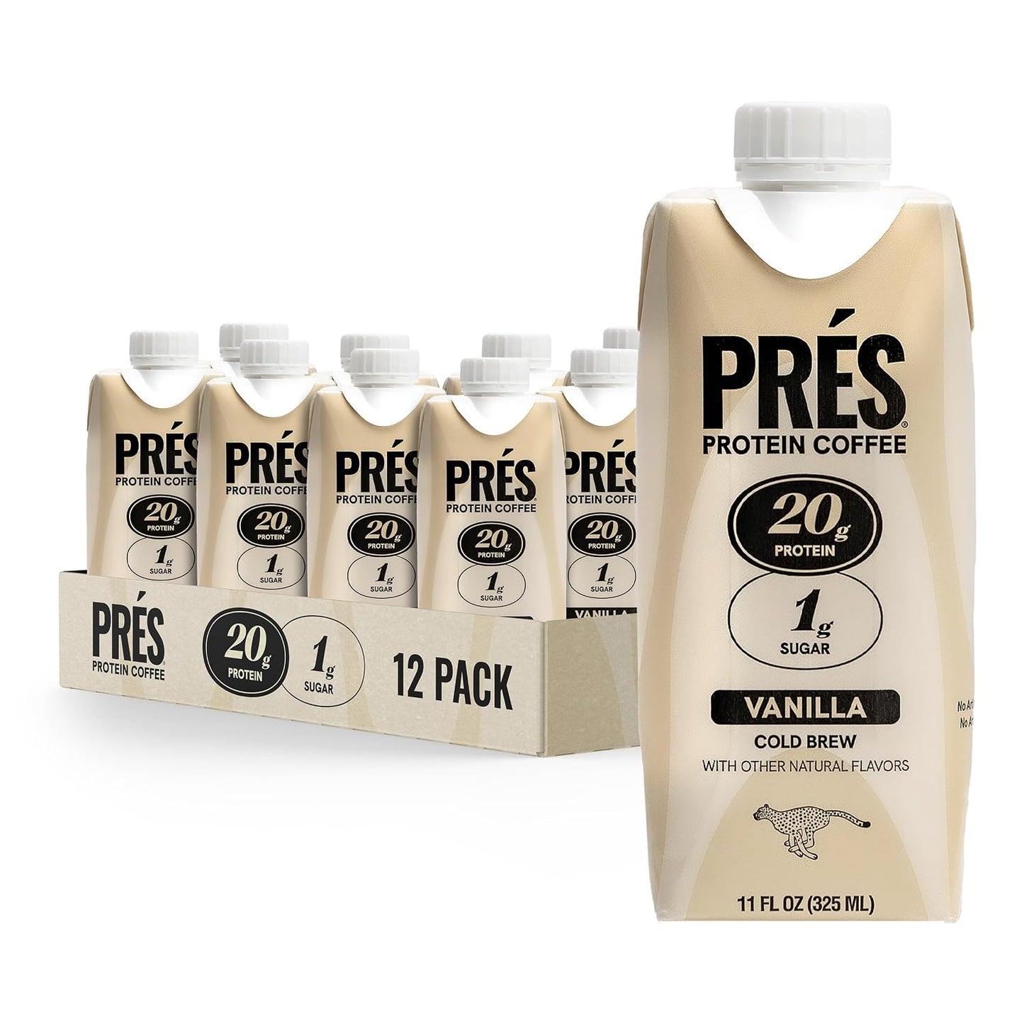 PRES Protein Coffee, Vanilla, High Protein, Real Cold Brew, 20g Protein, 1g Sugar, 100 Calories, Protein Snacks, No Added Sugar, Coffee, Breakfast, Protein, Kosher, Soy Free, Nut Free, Non-GMO, Low Carb (12 Pack)