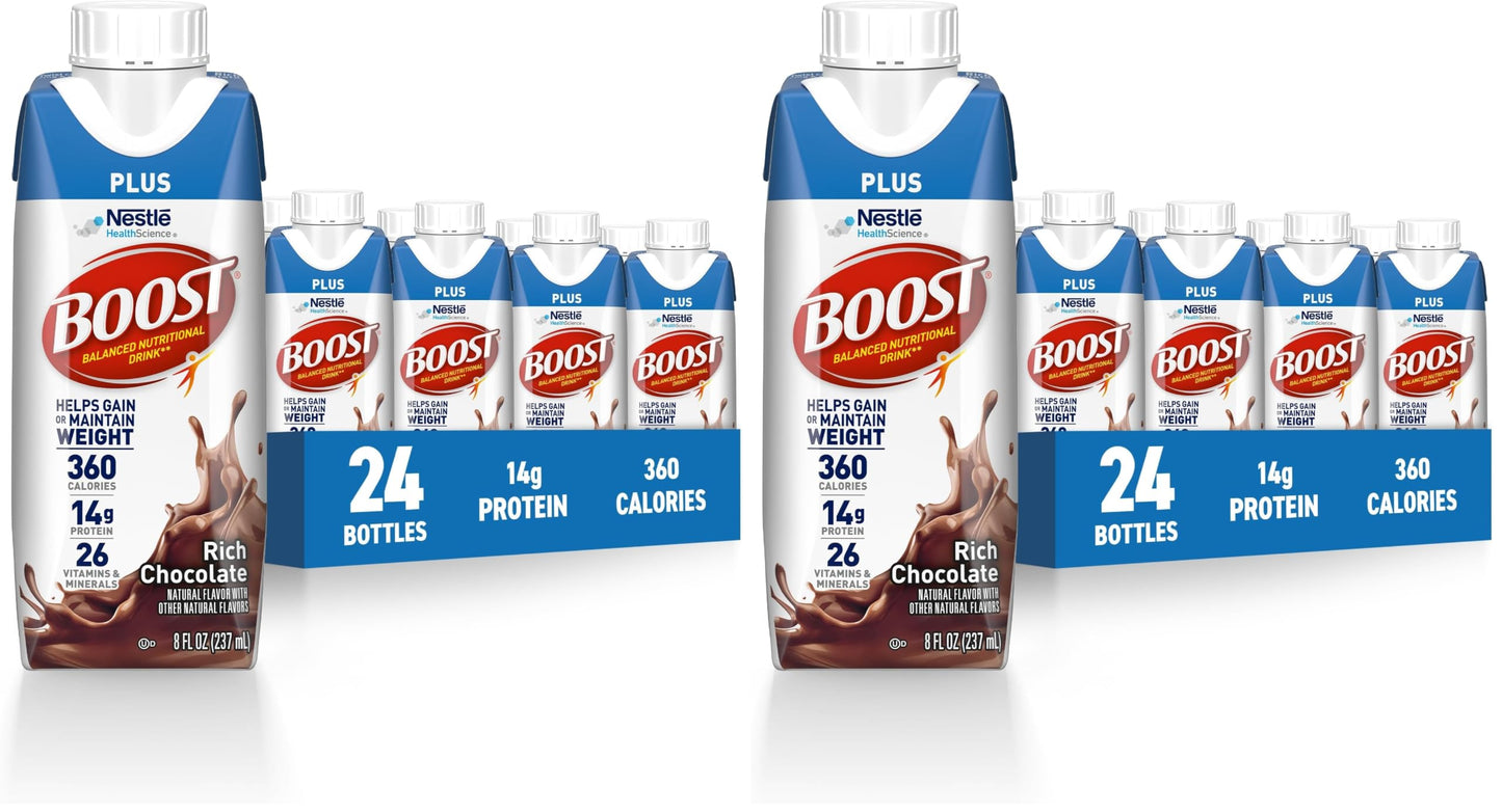 BOOST Plus Nutritional Drink, Rich Chocolate, 8 fl oz (Pack of 24) | Balanced, 8 FL OZ
