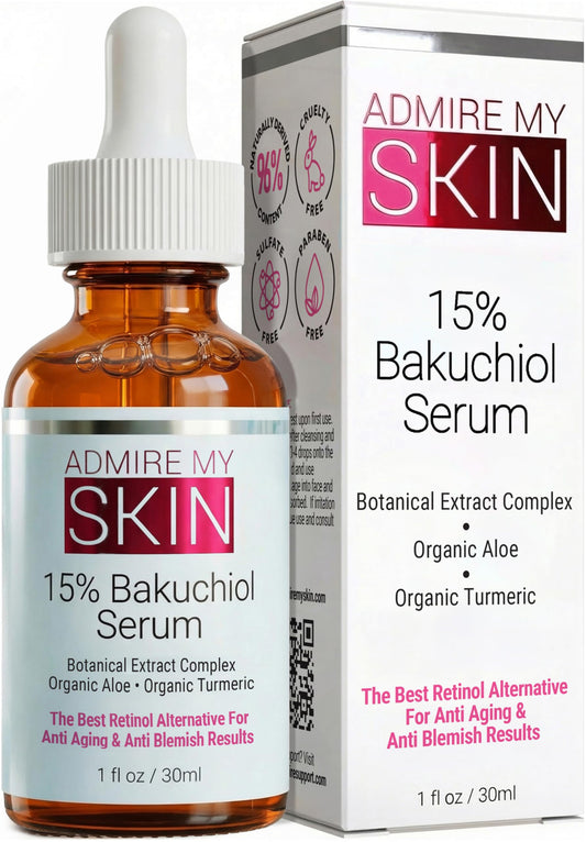 Admire My Skin Bakuchiol Serum Natural Retinol Serum Alternative for Face – Anti Blemish Anti Aging Facial Serum Contains Organic Aloe + Turmeric 1oz
