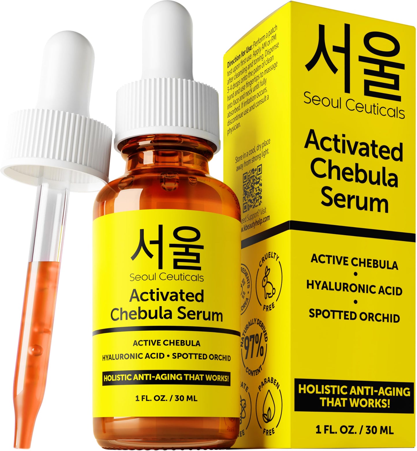 SeoulCeuticals Chebula Active Serum for Face - Korean Skin Care Anti Aging Natural K Beauty Skincare With Hyaluronic Acid + Spotted Orchid for Healthy, Youthful Glowing Skin 1oz