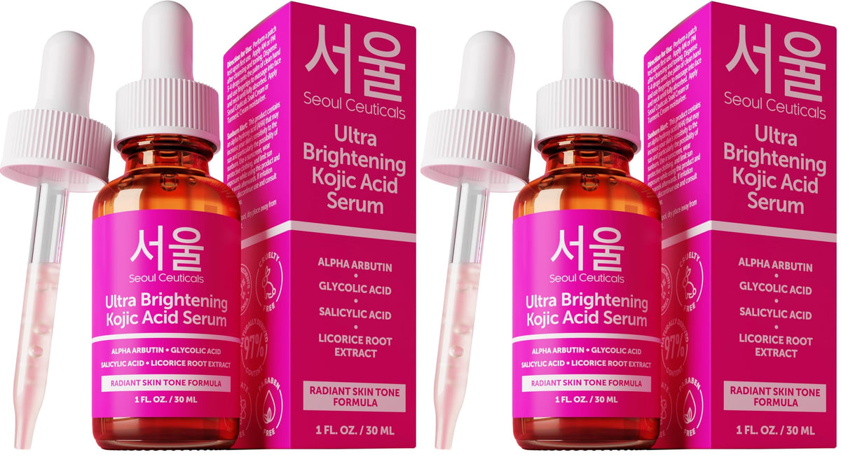 SeoulCeuticals Korean Skin Care Kojic Acid Serum Alpha Arbutin – Dark Spot Remover Corrector Glycolic Acid + Salicylic Acid K Beauty 1oz (Pack of 2)