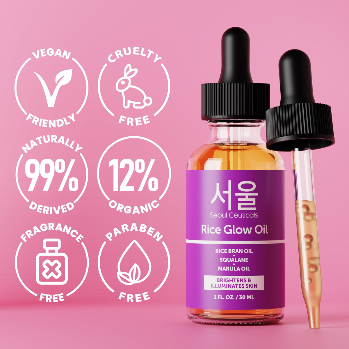 SeoulCeuticals Rice Bran Oil for Skin - Korean Skin Care Facial Glow Oil With Squalane & Vitamin E - Cruelty Free K Beauty Skincare 1oz