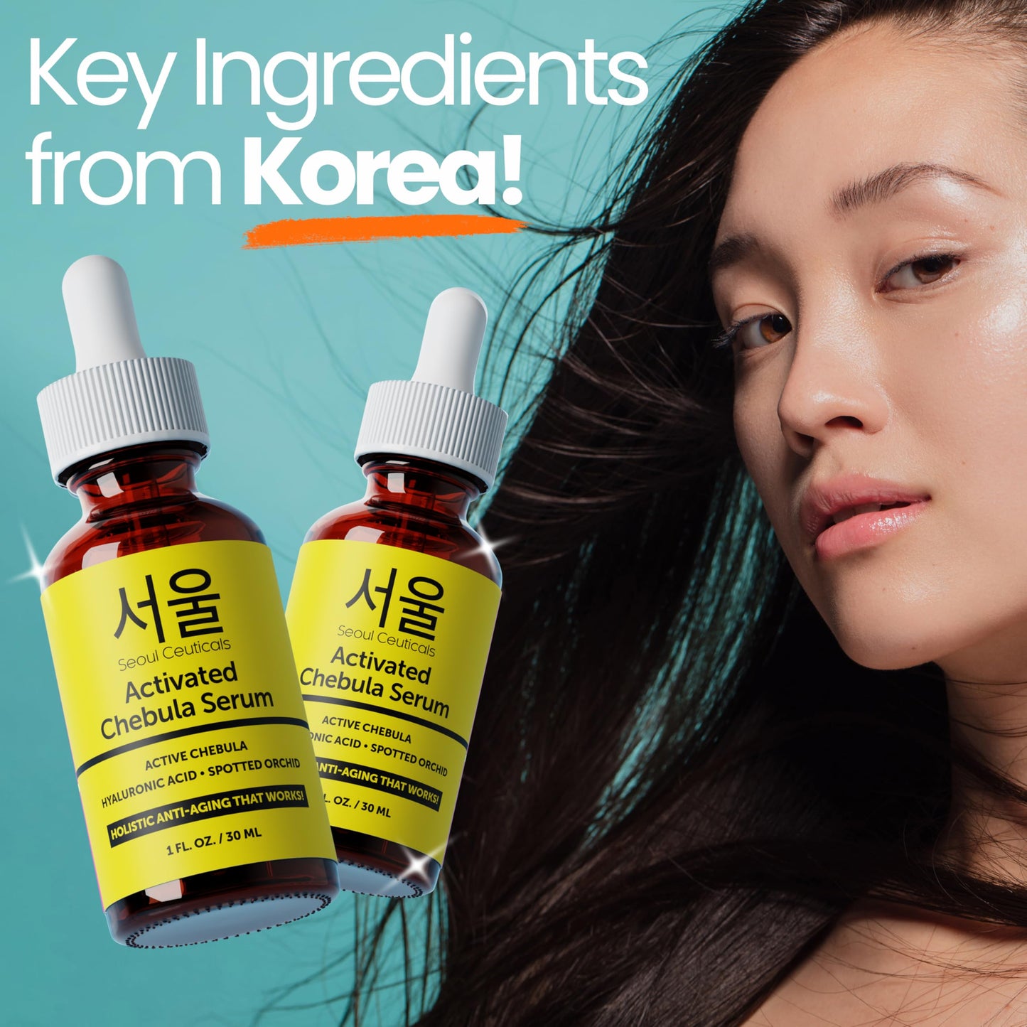 SeoulCeuticals Chebula Active Serum for Face - Korean Skin Care Anti Aging Natural K Beauty Skincare With Hyaluronic Acid + Spotted Orchid for Healthy, Youthful Glowing Skin 1oz