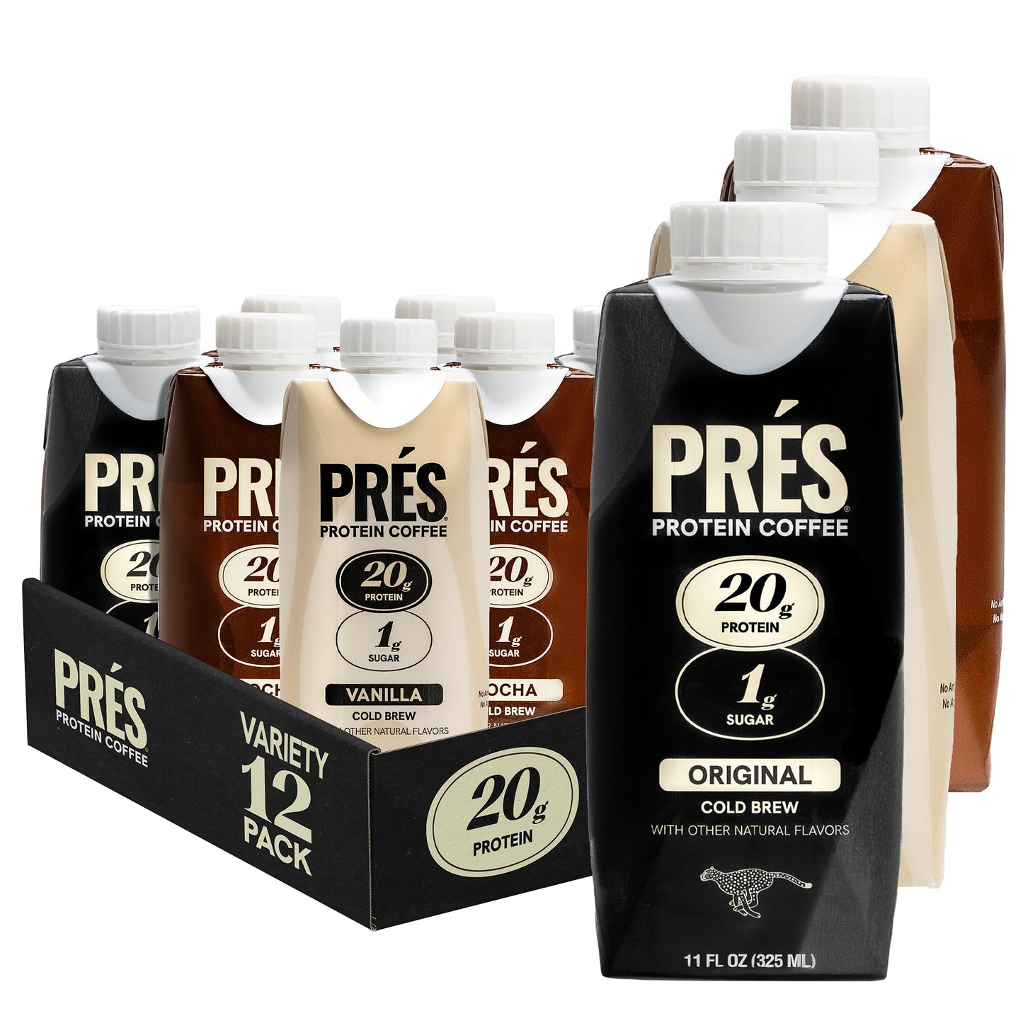 PRES Protein Coffee, Vanilla, High Protein, Real Cold Brew, 20g Protein, 1g Sugar, 100 Calories, Protein Snacks, No Added Sugar, Coffee, Breakfast, Protein, Kosher, Soy Free, Nut Free, Non-GMO, Low Carb (12 Pack)